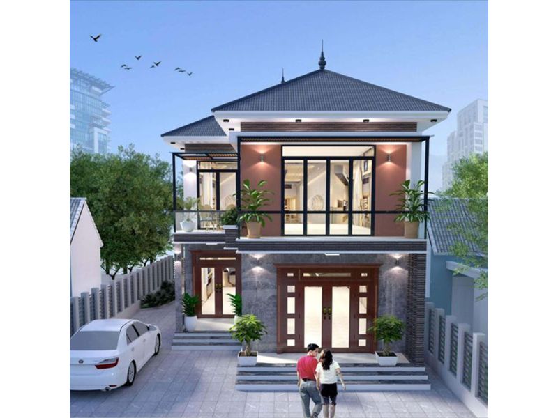 Mặt tiền nhà 2 tầng chữ L mái Nhật sử dụng kính tối ưu ánh sáng và thông gió tự nhiên 