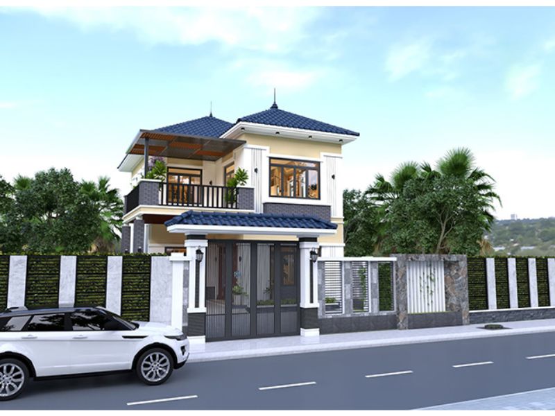 Thiết kế nhà chữ L 2 tầng 80m2 mái Nhật với gam màu tươi sáng, trẻ trung