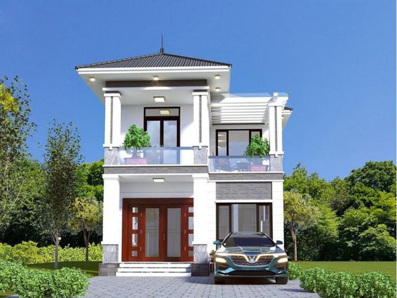 Nhà 2 tầng mái nhật gam trắng
