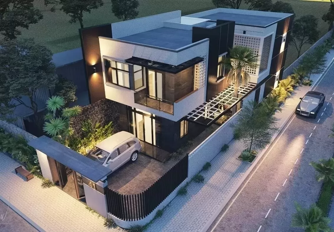 Thiết kế biệt thự mái bằng 2 tầng trên đất có mặt tiền rộng 10m