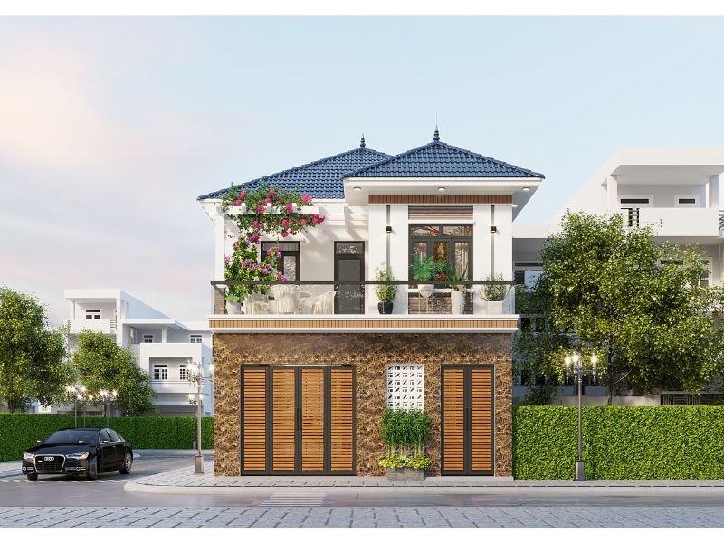 Mặt tiền ấn tượng của mẫu nhà 2 tầng mái Nhật 8x12