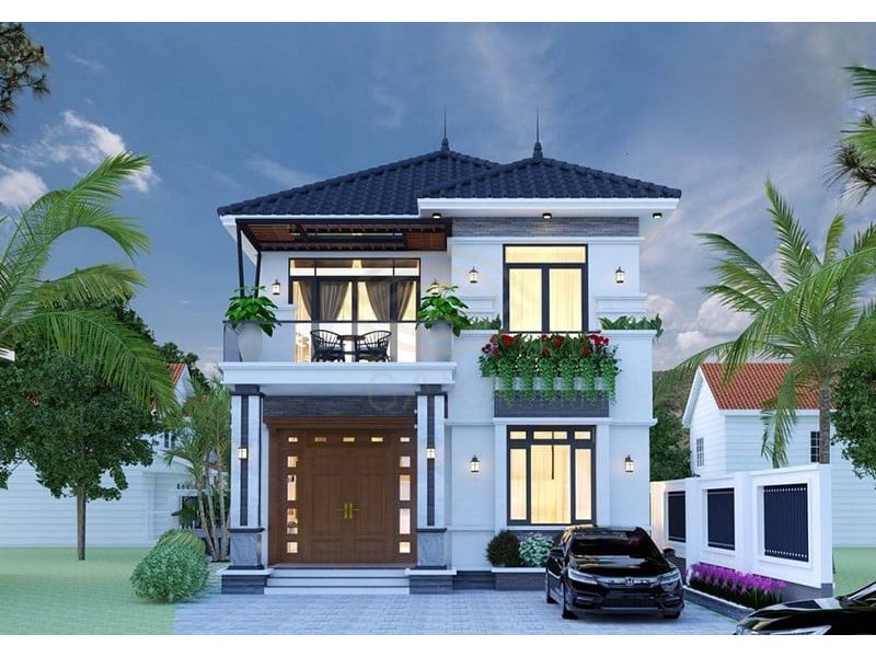 Mẫu nhà 2 tầng mái Nhật mặt tiền 8m chiều sâu 12m có ban công thoáng đãng