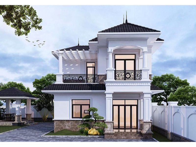 Vẻ ngoài sang trọng ấn tượng của mẫu nhà 2 tầng mái Nhật 8x12 chữ L