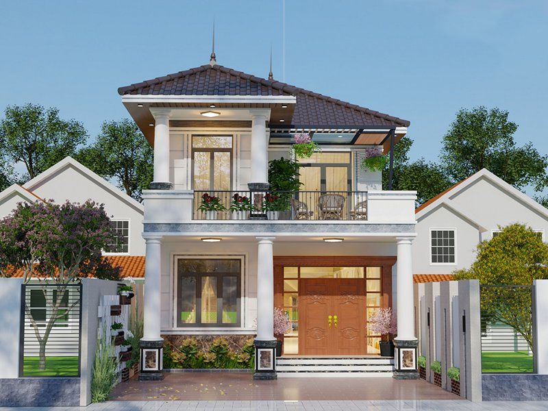 Mẫu nhà 2 tầng 8x12 mái Nhật có tiểu cảnh đẹp mắt