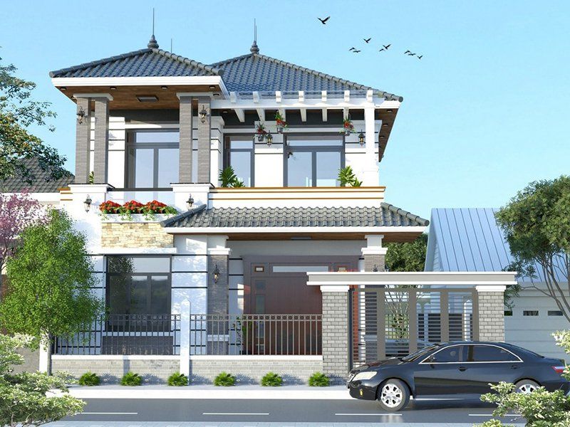 Thiết kế nhà 2 tầng mái Nhật 8x12 hiện đại