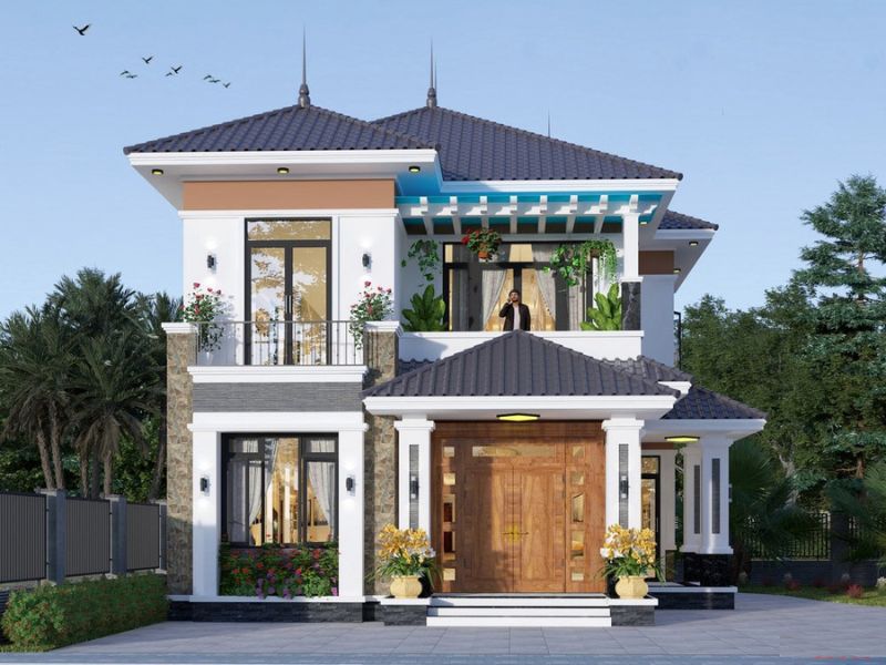 Mặt tiền thu hút của mẫu nhà 2 tầng mái Nhật 8x12