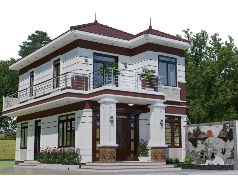 Kết hợp màu sắc hài hòa trong mẫu nhà 2 tầng 8x12 mái Nhật màu đỏ