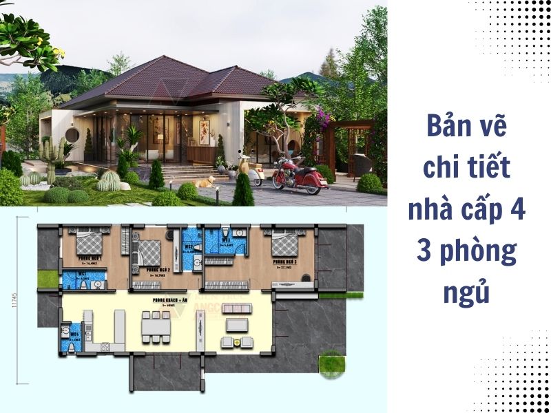 Trọn bộ bản vẽ nhà cấp 4 mái Nhật 3 phòng ngủ 