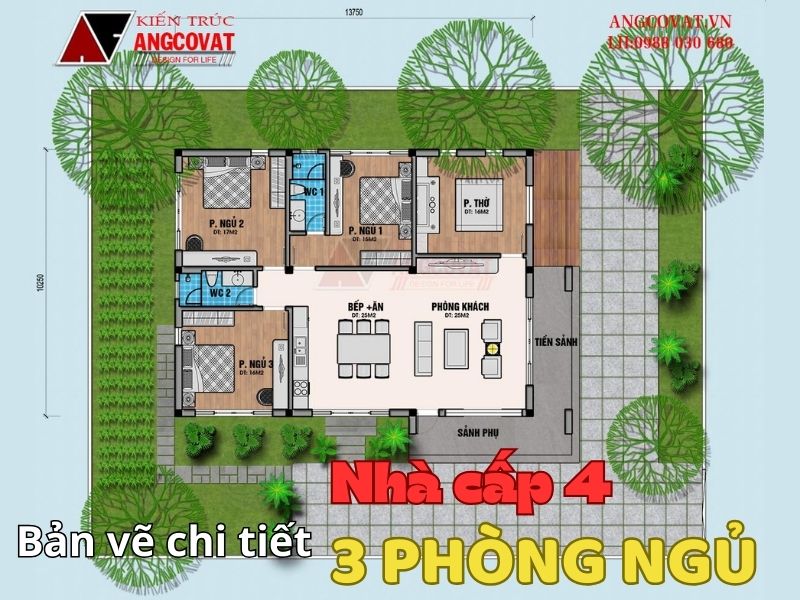 Mặt bằng nhà vườn cấp 4 3 phòng ngủ 130m2 