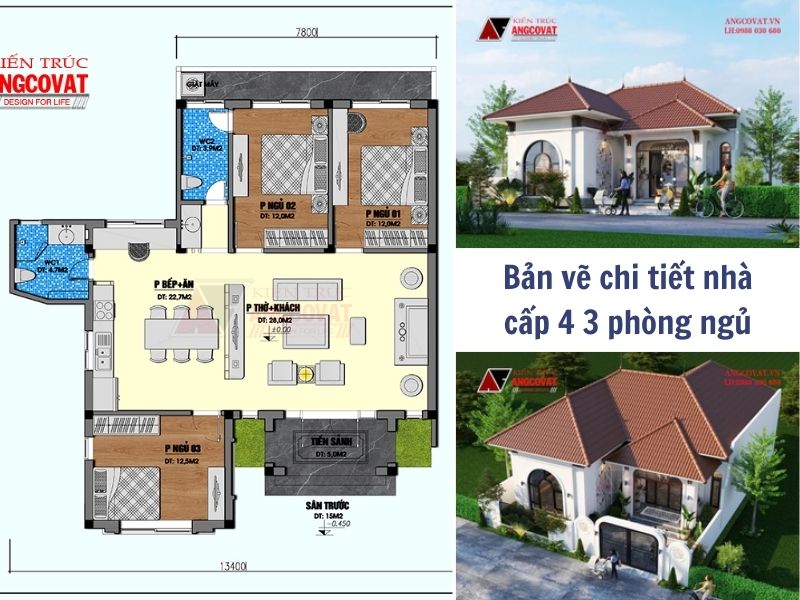 Bản vẽ nhà cấp 4 mái Nhật tân cổ điển 3 phòng ngủ 