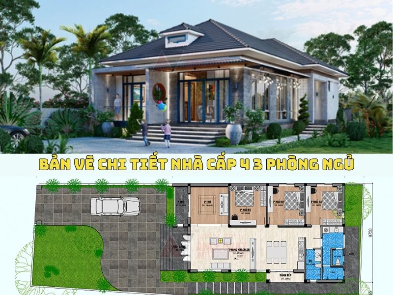 Bản vẽ thiết kế nhà vườn cấp 4 3 phòng ngủ có phòng thờ