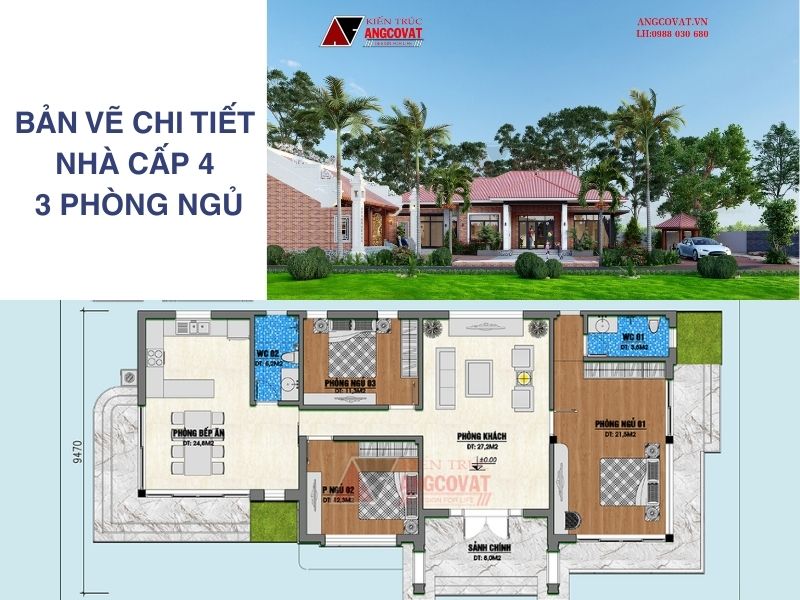 Mặt bằng nhà cấp 4 3 phòng ngủ có mặt tiền rộng