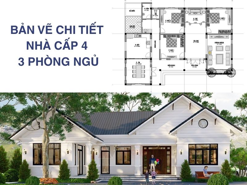 Mẫu bản vẽ nhà cấp 4 3 phòng ngủ mái Thái sang trọng 