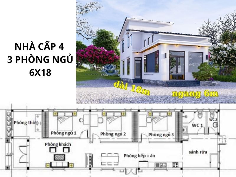 Thiết kế nhà cấp 4 3 phòng ngủ 6x18 đẹp, tiện nghi, giá rẻ 