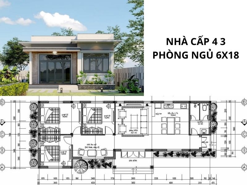 Mặt bằng công năng nhà cấp 4 3 phòng ngủ 6x18 