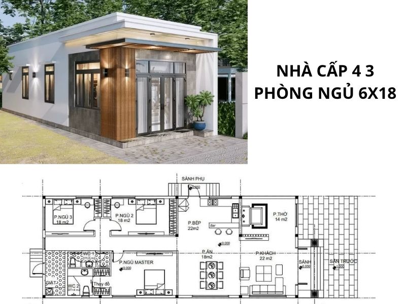 Bản vẽ thiết kế nhà cấp 4 hiện đại 3 phòng ngủ 6x18 