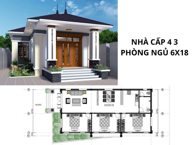 Mặt bằng nhà cấp 4 ngang 6m 3 phòng ngủ mái Nhật 