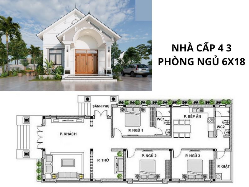 Tham khảo mẫu bản vẽ nhà cấp 4 3 phòng ngủ có phòng thờ 6x18 