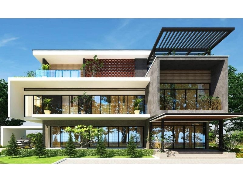 Biệt thự nhà vườn với hình khối vuông vức, đường nét thẳng thắn tôn lên vẻ đẹp ngoại thất hiện đại