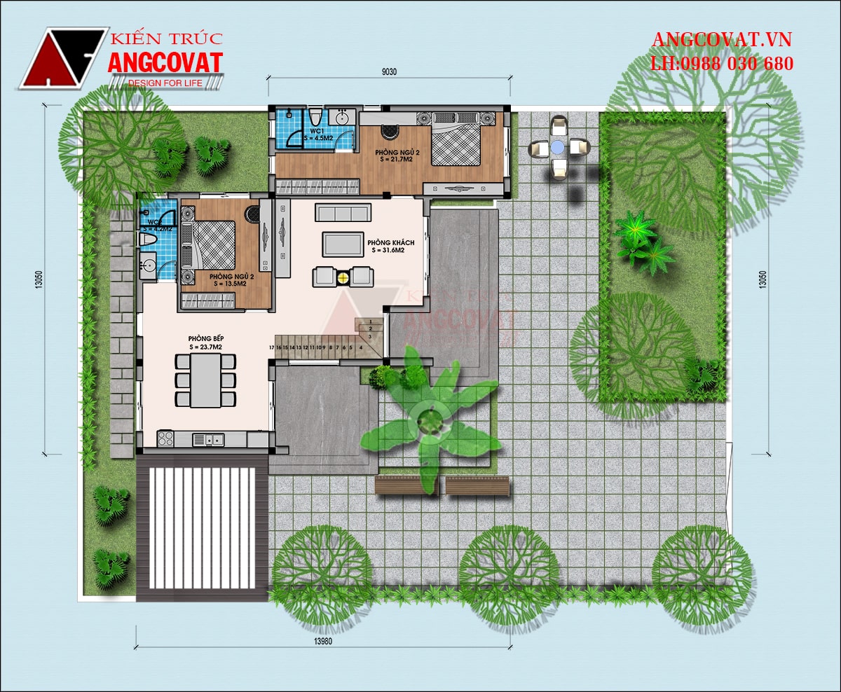 Tổng mặt bằng mẫu nhà vườn 1 tầng 120m2 có tum 