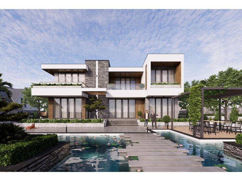 Hình khối vuông vức linh hoạt sử dụng cho mẫu nhà 2 tầng 6 phòng ngủ
