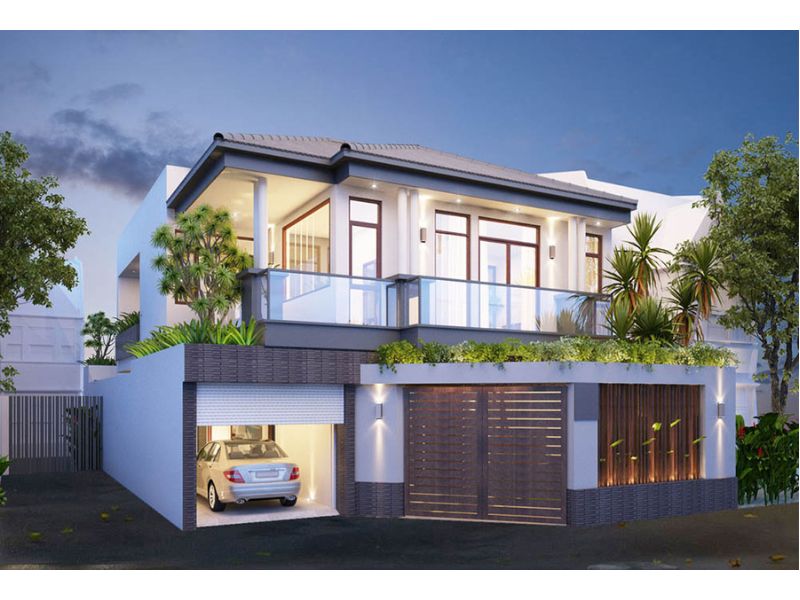 Mặt tiền thoáng đãng với vách kính lớn của mẫu nhà 2 tầng 6 phòng ngủ