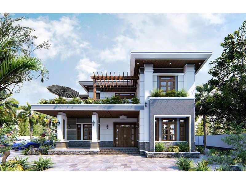 Thiết kế nhà 2 tầng 6 phòng ngủ chữ L độc đáo