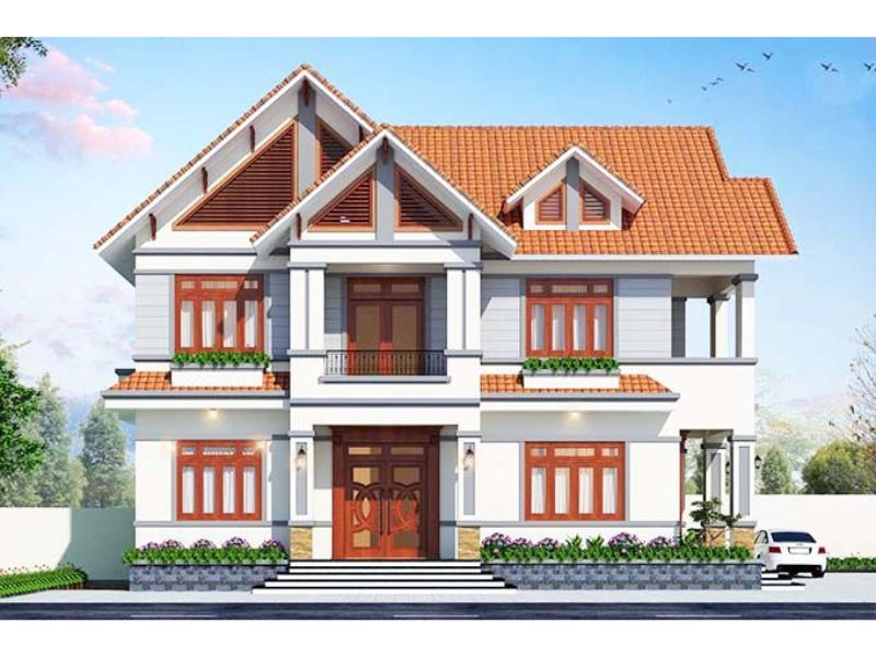 Mẫu nhà 2 tầng mặt tiền rộng 6 phòng ngủ mái Thái đỏ tươi