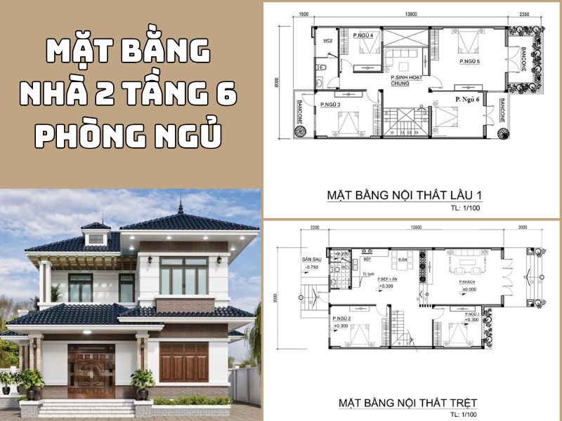 Tư vấn mặt bằng nhà 2 tầng 6 phòng ngủ khoa học, tiện nghi