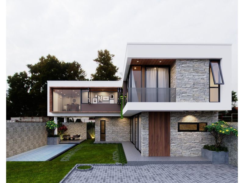 Nhà 2 tầng 6 phòng ngủ mái bằng hiện đại