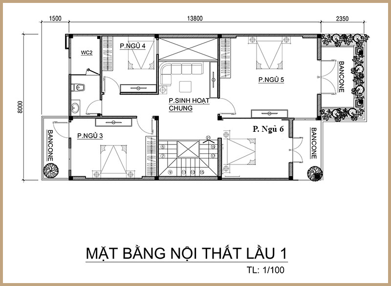 Mặt bằng tầng 2 mẫu nhà 2 tầng 6 phòng ngủ