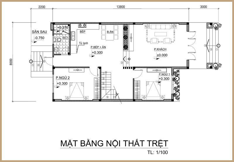 Mặt bằng tầng 1 mẫu nhà 2 tầng 6 phòng ngủ