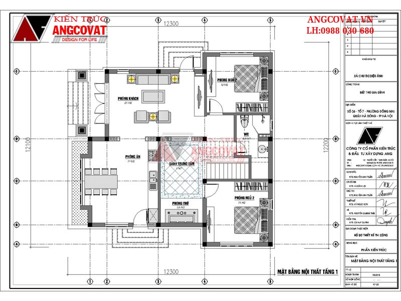 Mặt bằng công năng tầng 1 của mẫu nhà vuông 2 tầng mái thái có nhiều phòng ngủ