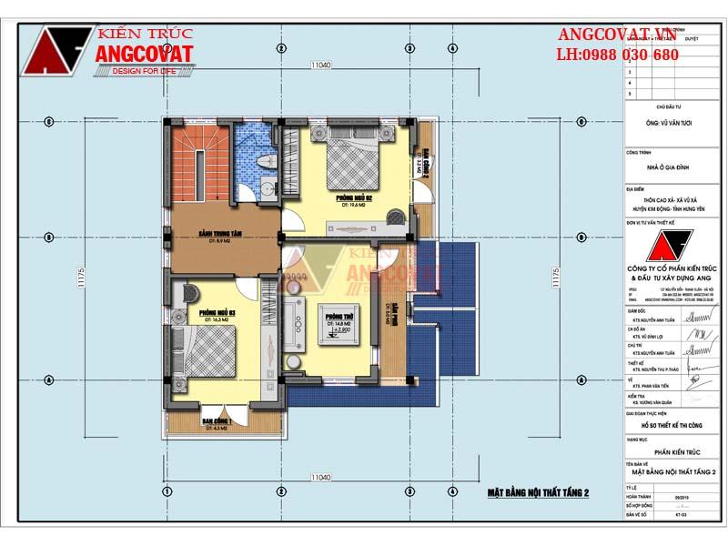 Mặt bằng công năng tầng 2 mẫu nhà vuông 2 tầng mái thái 3 phòng ngủ