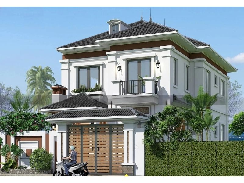 Mặt tiền nhà mái Nhật kẻ nét phào chỉ thanh thoát 