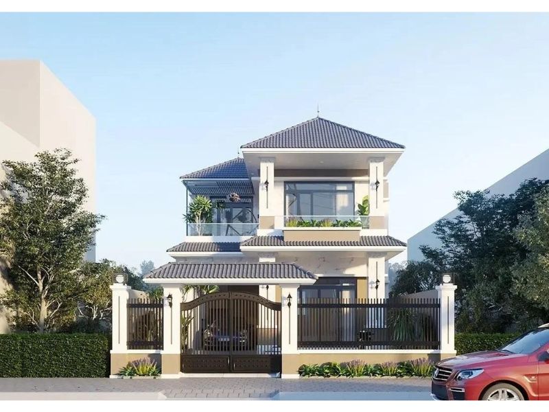 Thiết kế nhà mái Nhật 2 tầng 8x11 sử dụng cửa kính tối ưu ánh sáng tự nhiên 