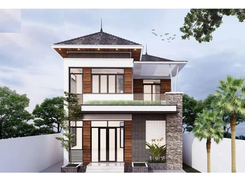 Ngoại thất nhà mái Nhật 2 tầng 8x11 sử dụng gam màu trung tính trẻ trung, thanh lịch
