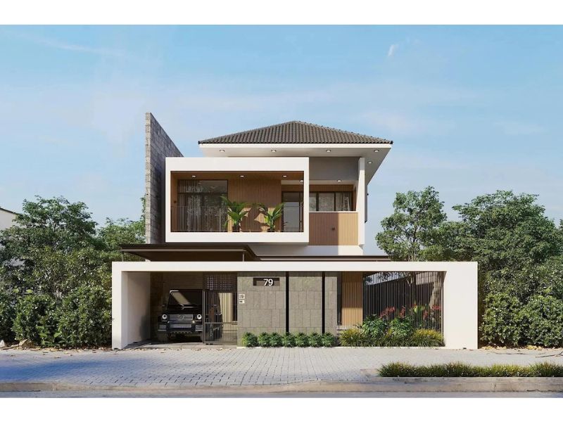 Hình khối vuông vức, khỏe khoắn trong ngôi nhà mái Nhật 2 tầng 