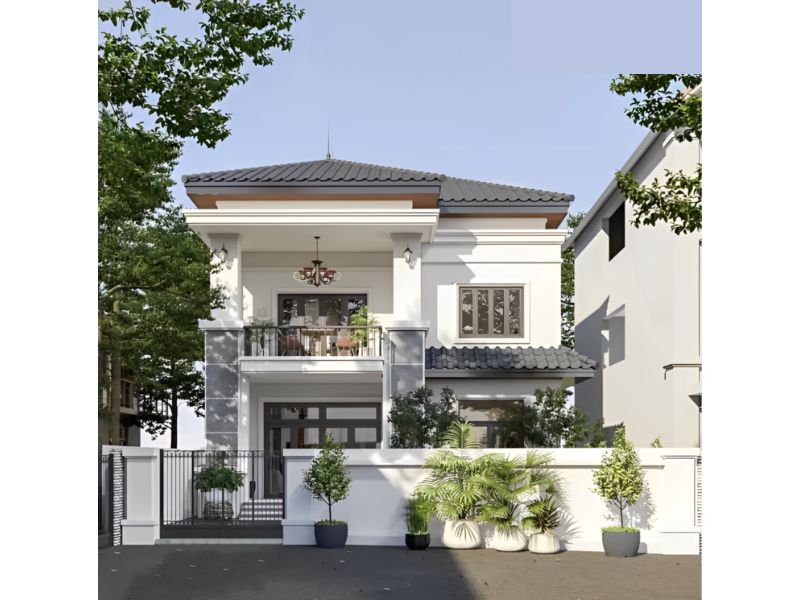 Nhà mái Nhật 2 tầng 8x11 với gam màu trắng thanh lịch, nổi bật
