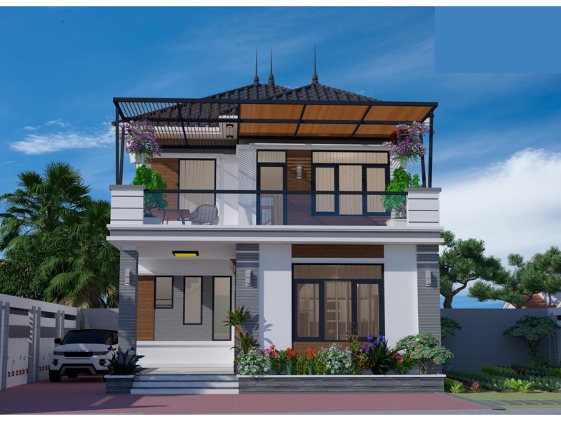 Xây nhà mái Nhật 2 tầng 8x11 có sân vườn bên cạnh nhà