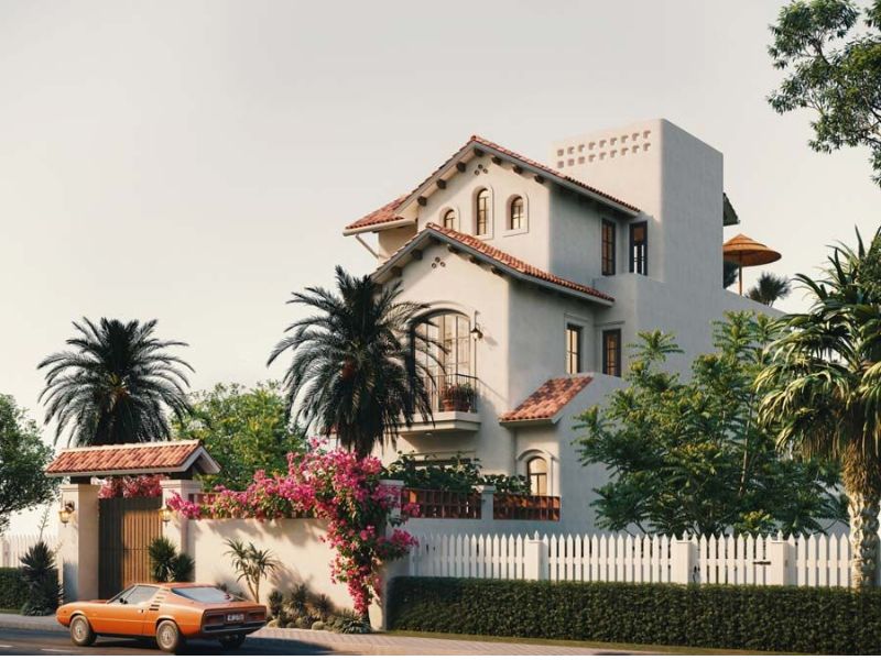 Hình ảnh thiết kế nhà địa trung hải đồng bộ từ kiến trúc nhà đến cổng, hàng rào