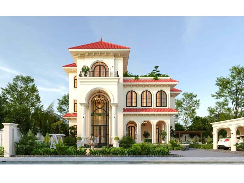 Thiết kế trụ cột lớn trước sảnh nhà 3 tầng tăng sự bề thế, kiên cố 