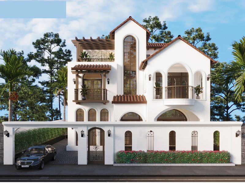 Nhà địa trung hải 3 tầng có mái hiên và ban công rộng 