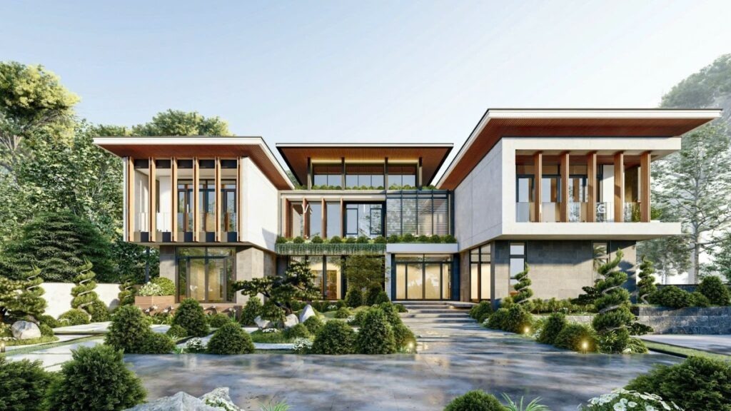 Thiết kế biệt thự 2 tầng mái bằng có tiểu cảnh hồ cá