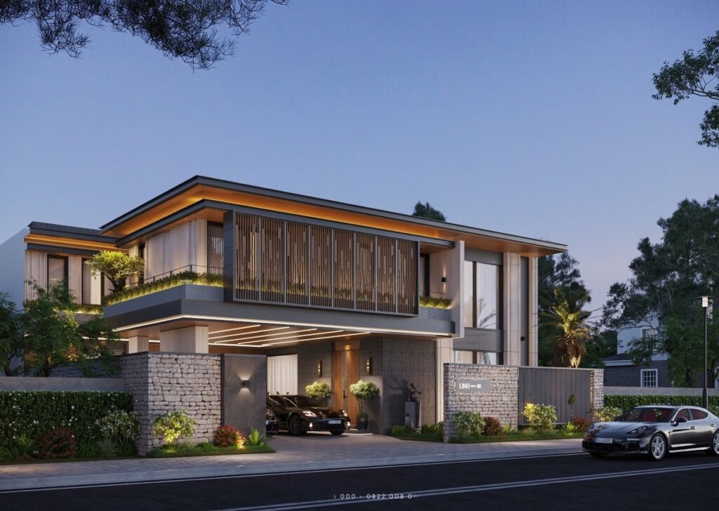 Thiết kế biệt thự 2 tầng mái bằng 160m2 có gara ô tô