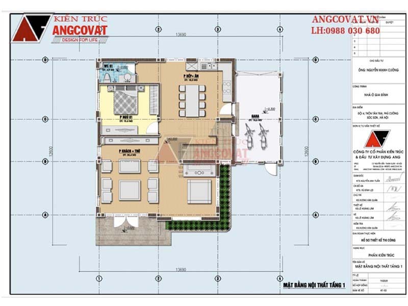Mặt bằng tầng 1: Bản vẽ biệt thự 2 tầng hiện đại kích thước 13x13m có 5 phòng ngủ