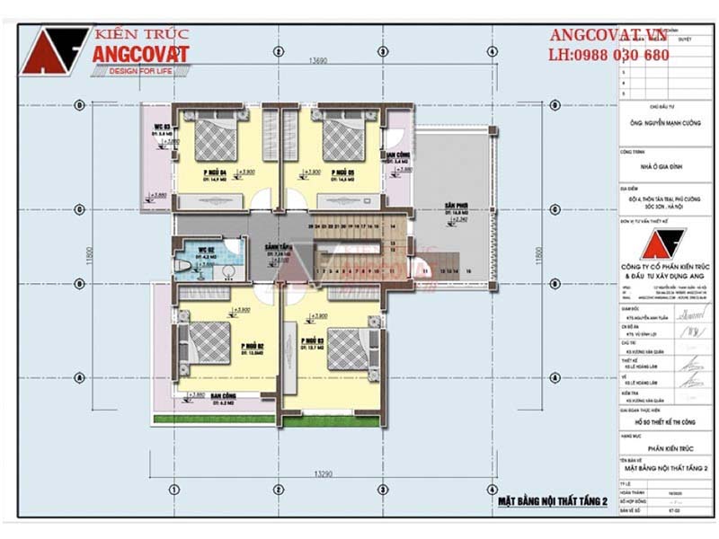 Mặt bằng tầng 2: Bản vẽ biệt thự 2 tầng hiện đại kích thước 13x13m có 5 phòng ngủ