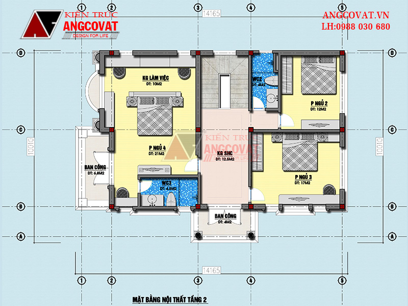 Mặt bằng công năng tầng 2 thiết kế nhà 10x15m