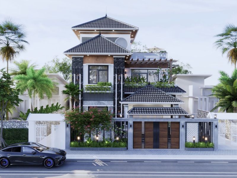 Thiết kế nhà mặt tiền 10m sâu 15m mái Nhật 3 tầng 5 phòng ngủ cho gia đình đông thành viên