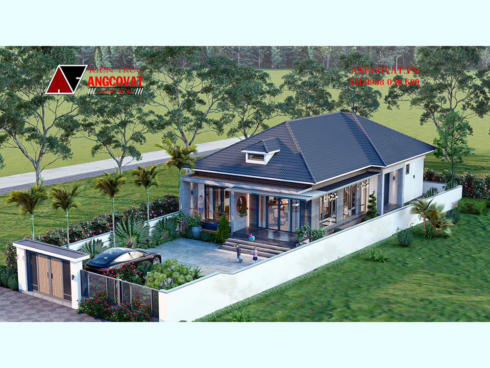 Phối cảnh đẹp, gần gũi thiên nhiên của công trình nhà mặt tiền 10m sâu 15m mái Nhật 3 phòng ngủ